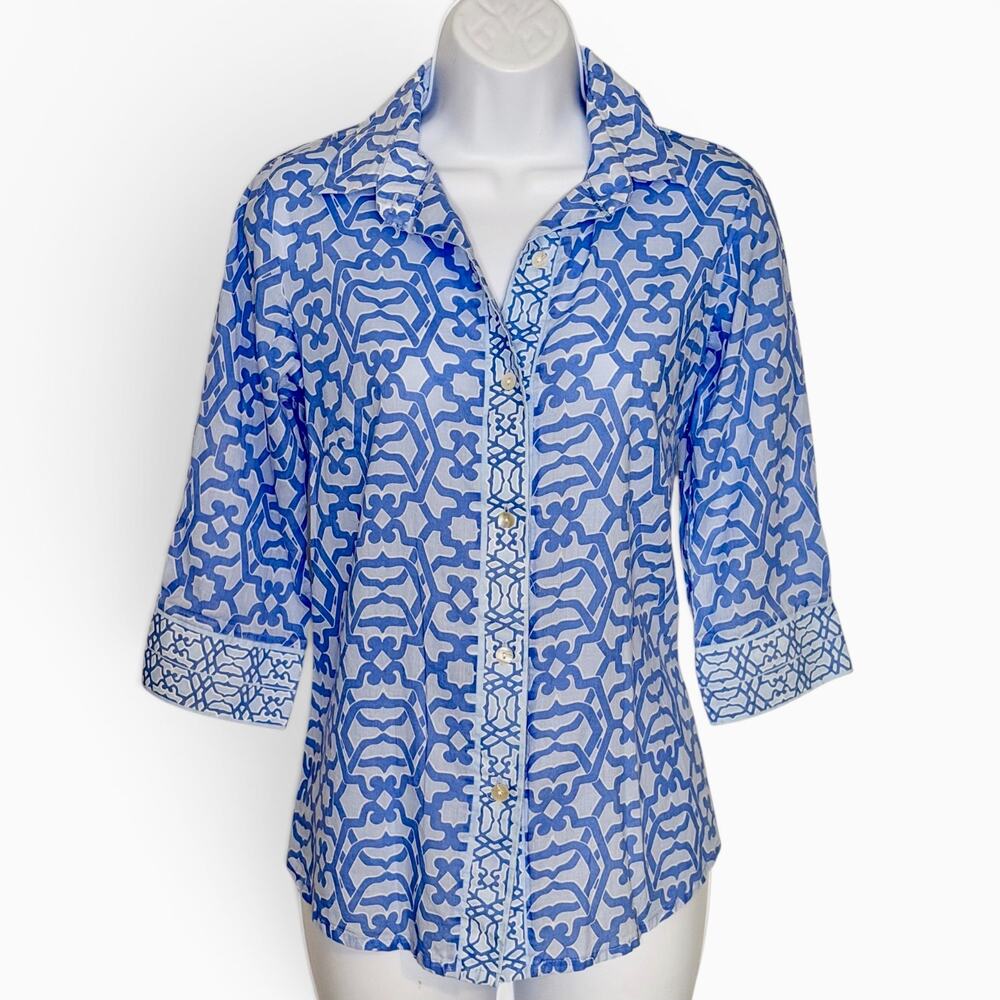 Gretchen Scott Blue Button Front Blouse XS Coastal Preppy Cotton 3/4 Sleeve